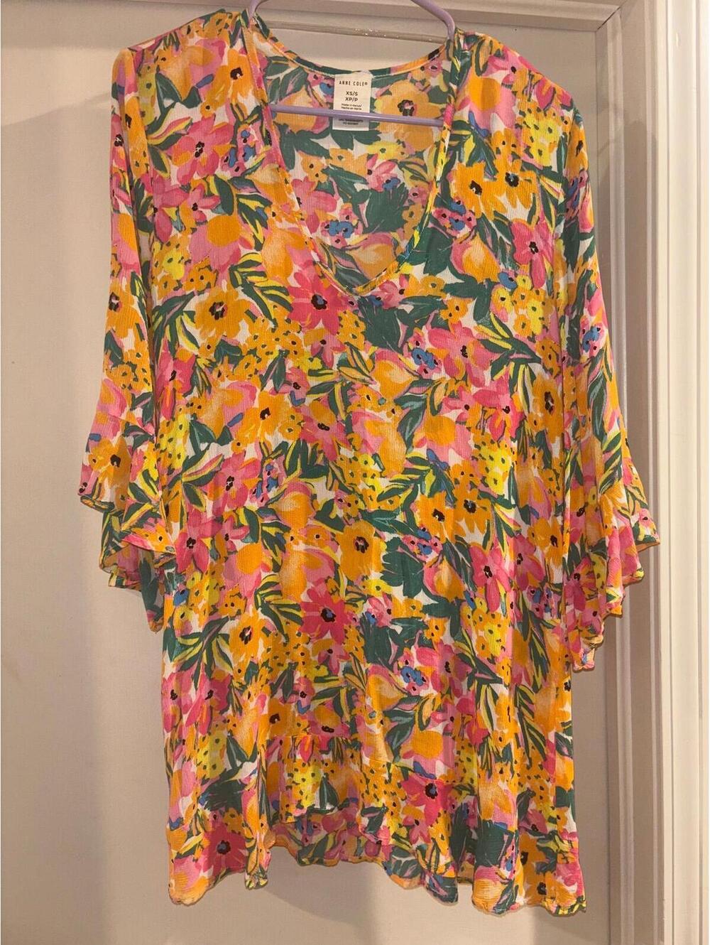 Anne Cole Floral Bell Sleeve Cover Up Tunic XS/S
